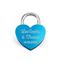 LIEBESSCHLOSS-FACTORY Pequeño Candado de amor Azul grabado en forma de corazón. Caja de regalo y mucho mas.Diseña tu…